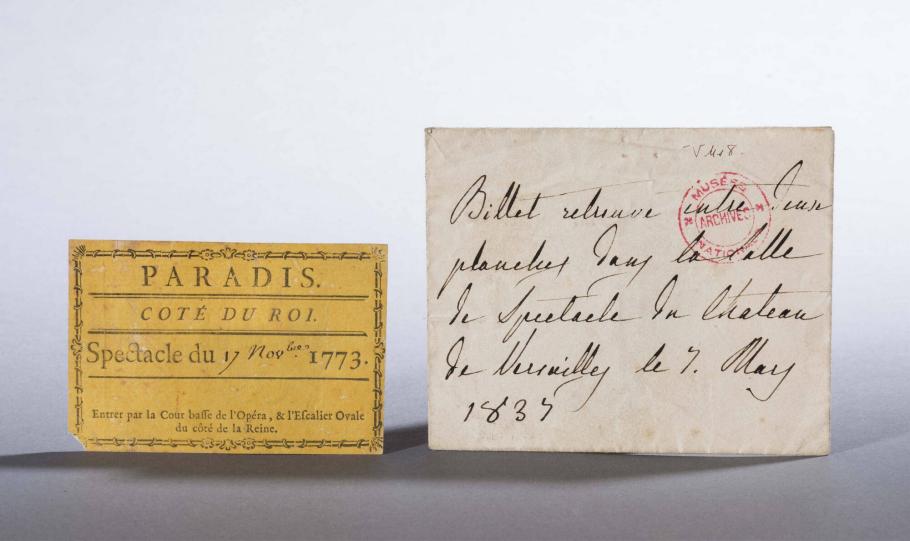 Ticket for the performance on 17 November 1773 and explanatory note in the handwriting of Queen Marie-Amélie