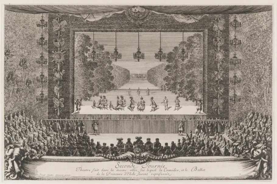 The Pleasures of the Enchanted Island: 2nd day, May 7, 1664: representation of the ballet comedy of Molière and Lulli "The Princess of Elis" on the green theater set up in the middle of the royal alley